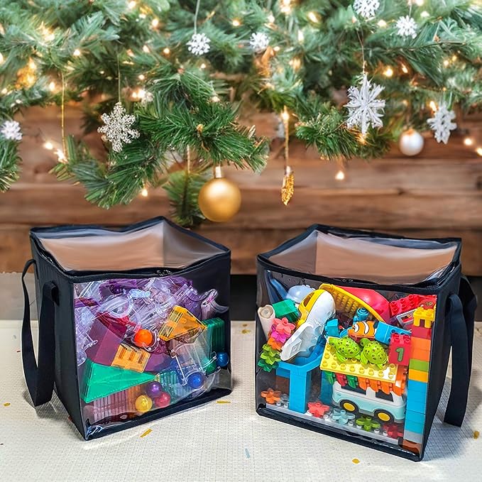 SAM AND MABEL 2 Pack PVC Storage Bins – 12 X 12 X 12 Durable and Foldable Organizer with Transparent Top and Sides Multi-Purpose Boxes for Clothes Deco Books and More (Black)