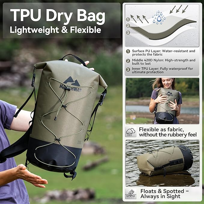 MARCHWAY Floating Roll Top Dry Bag Flexible Lightweight TPU Waterproof Backpack 20L/30L/40L with Padded Straps for Boating Kayaking Swimming Hiking Beach (Green 30L)