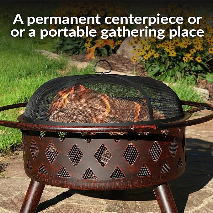 Sunnydaze Crossweave Outdoor Fire Pit - Wood-Burning Fire Pit for Outside with Spark Screen Poker and Round Cover - 30-Inch - Bronze