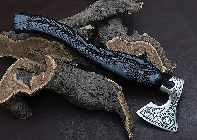 Viking-Style Bearded Axe J2 Steel Blade Handcrafted Wooden Handle Sharp Snatching Edge for Battle Ready Throwing &amp Collecting