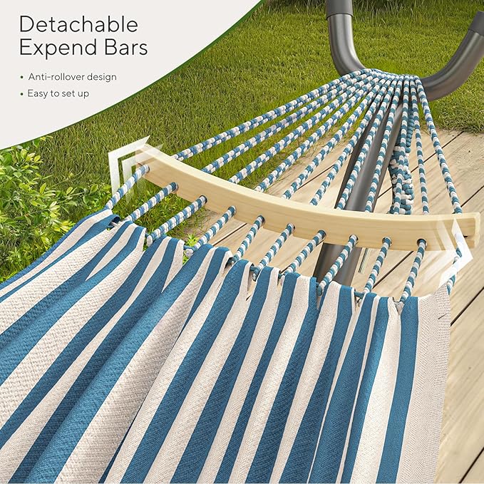 600lbs Hammock with Stand for Outside 2 Person Portable Hammock with Side Storage Carrying Bag Expend Wooden Bar for Outdoor or Indoor (Blue White)