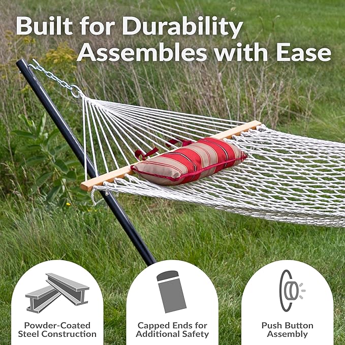 Sunnydaze Rope Hammock with Stand for Outside- 275-Pound Capacity - Includes 12-Foot Hammock Stand Spreader Bar Pad and Pillow - Green Stripe