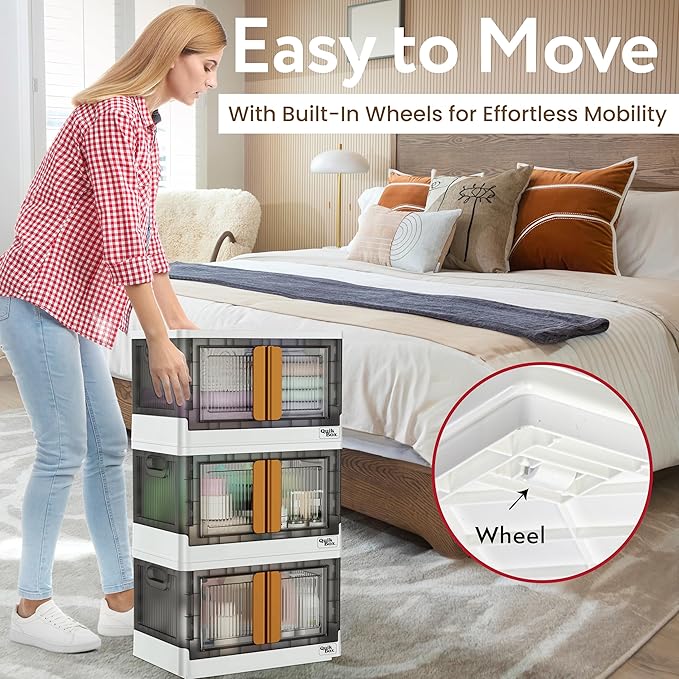 dbest products Quik Box - 8.5 Gallon 3-Pack Stackable Storage Bins with Doors &amp Wheels - Collapsible Organizer for Dorms Bedroom &amp Home - Durable Polystyrene - White