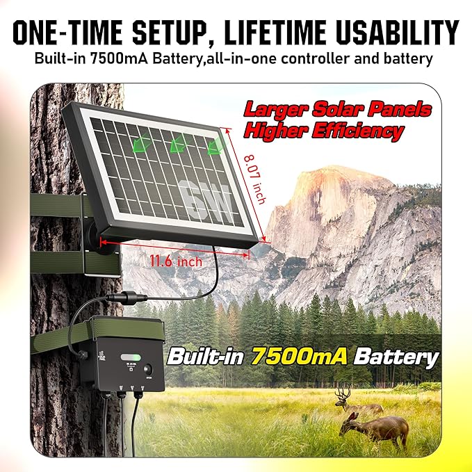 SUNAPEX Solar Panel for Trail Camera Solar Battery Charger with Controller and Built-in 7500mA Battery DC 6V/9V/12V Output for Trail Camera Hunting Accessory (6W Solar Panel Kit)