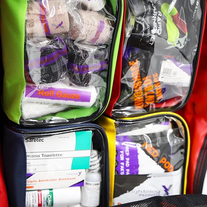 Lightning X Fully Stocked TacMed First Responder Trauma Medical Backpack EMT Kit | MB45-SKF | w/Professional First Aid Emergency Supplies (Red w/Hydration Bladder)