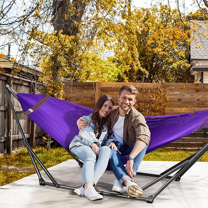 Tranquillo Collapsible Hammock Stand Folding Camping Hammock and Stand 600 lbs Capacity Double Hammock Stand for 2 Persons Heavy Duty Folding Hammock for Indoor Outdoor Quick Assembly Purple