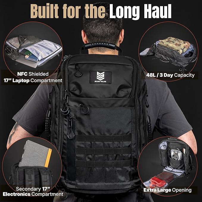 CARGO 48L Tactical Travel Backpack Dual 17 Inch Device Bays RF and NFC Shielded Compartments 1000D Water Resistant Shell MOLLE Compatible Duffel Convertible 3 Day Pack