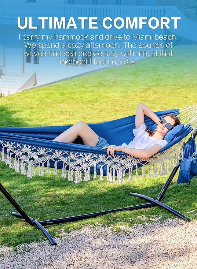 PNAEUT Handmade Tassel Hammocks Double Hammock with Stand for Outside Indoor Outdoor Max 450 lbs Capacity Pillow &amp Storage Bag (Navy)
