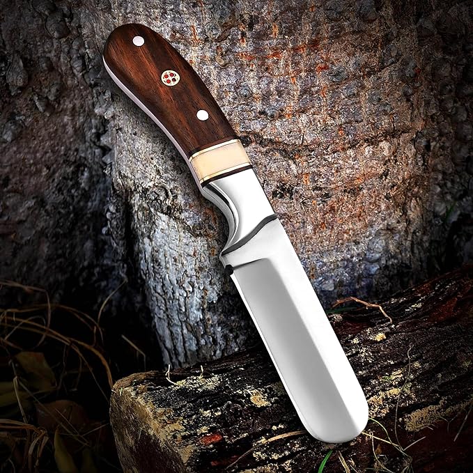 Handmade 1095 High Carbon Steel Bull Cutter Knife with Pancake Leather Sheath Fixed Blade Cowboy Knife with walnut wood/Bone Handle Utility Knife EDC Hunting knife (Walnut Wood)