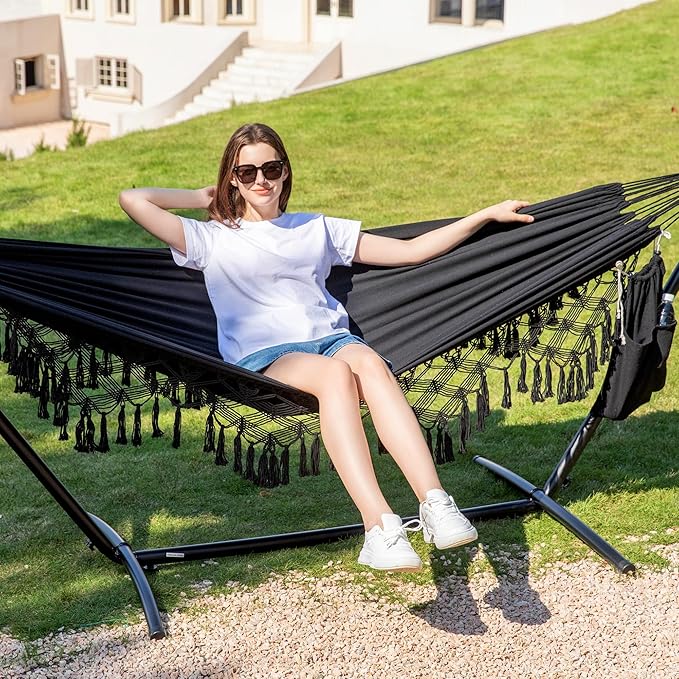 PNAEUT Handmade Tassel Hammocks Double Hammock with Stand for Outside Indoor Outdoor Max 450 lbs Capacity Pillow &amp Storage Bag Included (Black)