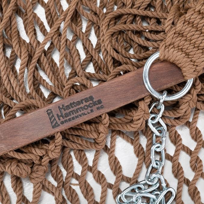 Hatteras Hammocks Executive Antique Brown DuraCord Rope Hammock – 13 ft. x 65 in. 2-Person 450 lb Capacity Cumaru Spreader Bar Zinc-Plated Hardware – Handcrafted in The USA