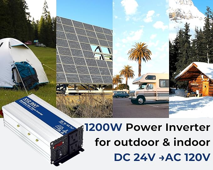 1200W Power Inverter 24V DC to 110V 120V AC Modified Sine Wave Car Power Inverter with 2 AC Outlets and LED Display for Vehicles Truck RV Home Emergency Camping Off-Grid Over 90% Efficiency