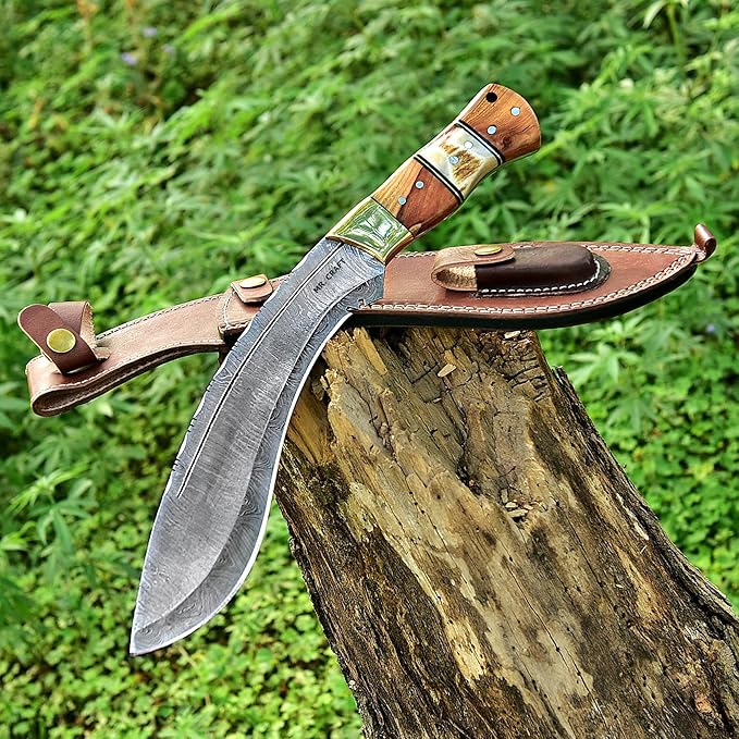 MR. CRAFT Custom Handmade Traditional Kukri Damascus Steel Fixed Blade Knife With Sheath Full Tang Heavy Duty Camping Knives - Gifts for Men (Kow Wood and Stag Horn)
