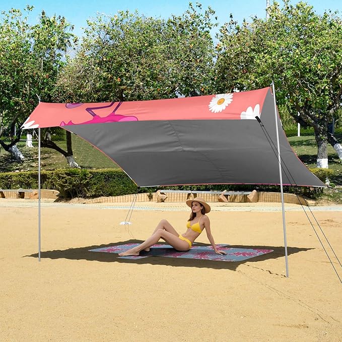 Flamingos Beach Canopy Sun Shelter with Sandbags &amp Sand Shovel &amp Windproof Ropes - Portable 110x126 Beach Shade Beach Tent for Camping Picnics