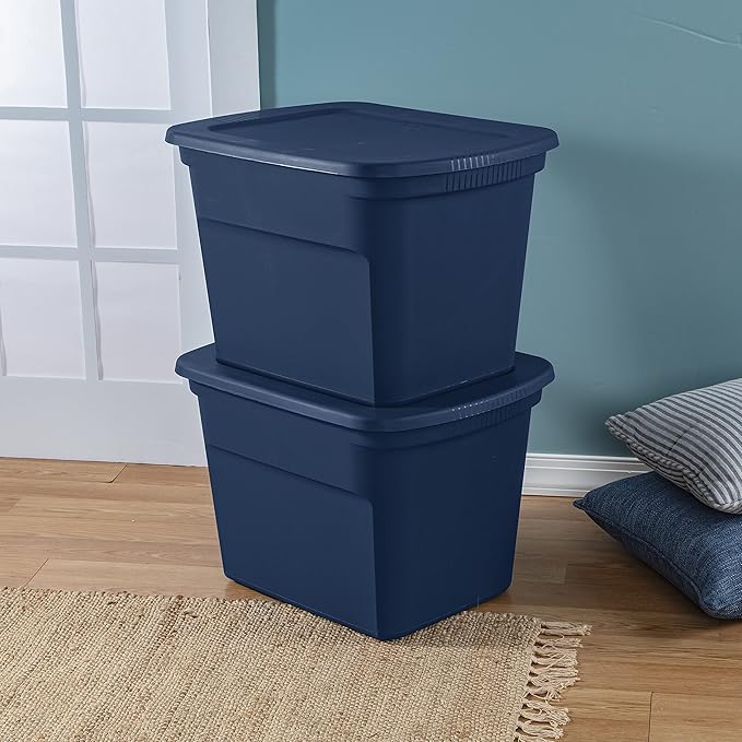 Sterilite 18 Gal Storage Tote Stackable Bin with Lid Plastic Container to Organize Clothes in Closet Basement Blue Base and Lid 8-Pack