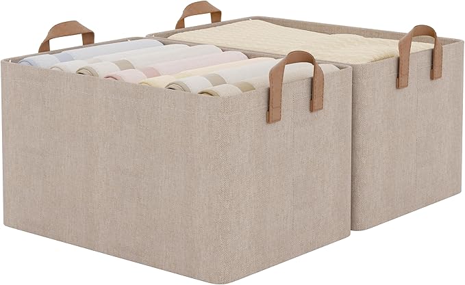 StorageWorks Storage Bins Fabric Storage Bins for Shelves Large Storage Baskets with Metal Frame Closet Baskets and Bins with Handles Brown and Beige 2-Pack