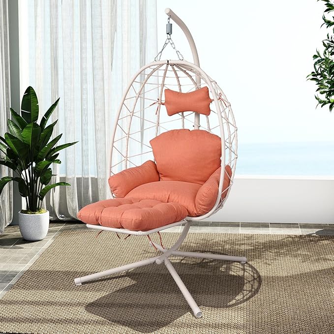 Hanging Egg Chair with Stand Outdoor Indoor Patio Rattan Swing Hammock Chairs with Washable Cushion PE Wicker Swing Chair for Backyard Bedroom Garden (White + Orange Red Cushion with Footrest)