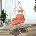 Hanging Egg Chair with Stand Outdoor Indoor Patio Rattan Swing Hammock Chairs with Washable Cushion PE Wicker Swing Chair for Backyard Bedroom Garden (White + Orange Red Cushion with Footrest)