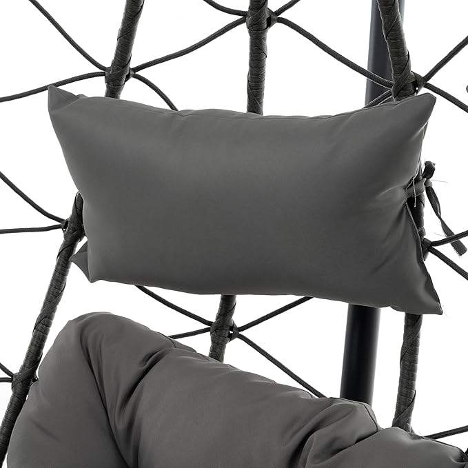 KEIKI Double Swing Egg Chair with Stand Patio Rattan Wicker Hammock Egg Chair with UV Cushion 2 Person Outdoor Indoor Hanging Basket Chair 660LBS Capacity for Balcony Dark Gray and Gray