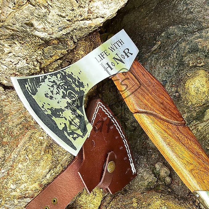 Viking Axe with Ragnar Lothbrok Face Etched - FS Crafts Axe001 - Handmade High Carbon Steel Ragnar Axe with Sheath - Viking Etched Axe for Camping Hunting Outdoors