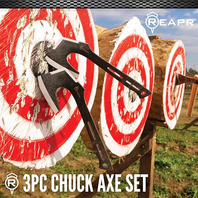 Reapr CHUK 3-Piece Throwing Axe Set – 11 Full-Tang Tactical Tomahawks with Dual-Edge Blades Stonewashed Finish Nylon Sheath with MOLLE – Outdoor Recreation Camping (3 Piece Chuck Throwing Axe)