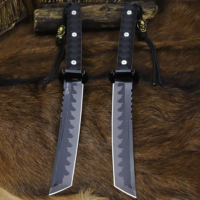 BA-KOR 15.8in Full Tang Japanese Style Outdoor Knife –8mm DC53 Steel Nylon Fiber Handle &ampSheath Hunting Survival Knife+(5.9in) cerium igniter (Black handle and black blade (8mm))