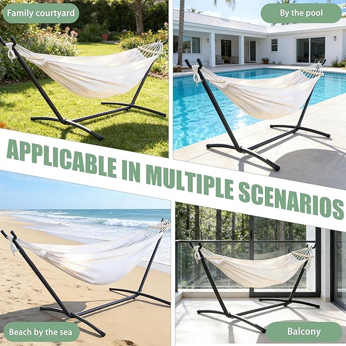 2 Person Hammock with Stand for Indoor &amp Outdoor 550lbs Sturdy Steel Frame - Anti-Flip Curved Bars Safety - Comfortable Cotton Portable Hammock for Patio Sunroom Bedroom Natural Beige
