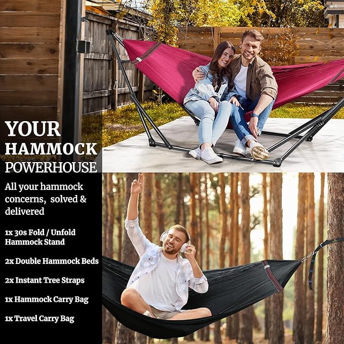 Tranquillo Combo x2 Hammocks with Stand for Outside &amp Tree Straps Heavy Duty Hammock with Stand 600lbs for Indoor Outdoor Patio Backyard x2 Hammocks for 2 Person (Combo - Red Medium)