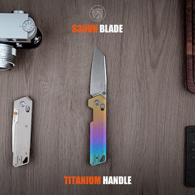 Vosteed Parallel EDC Pocket Knife - 2.90 S35VN Stonewash Blade Reverse Tanto - Crossbar Lock Iridescent Crackle Titanium Handle - Camping Hiking Knives - A3508