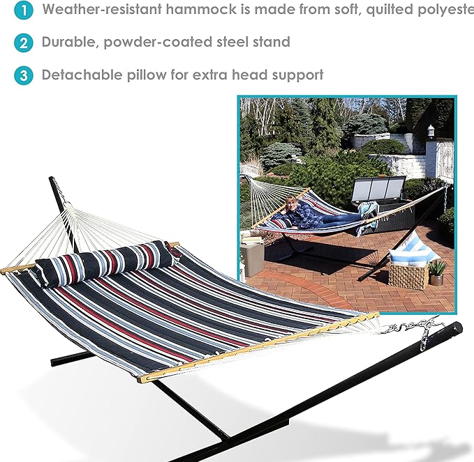 Sunnydaze Quilted Double Hammock with Stand for Outside - 350-Pound Capacity 2-Person Hammock with Stand - 12-Foot Stand - Nautical Stripe