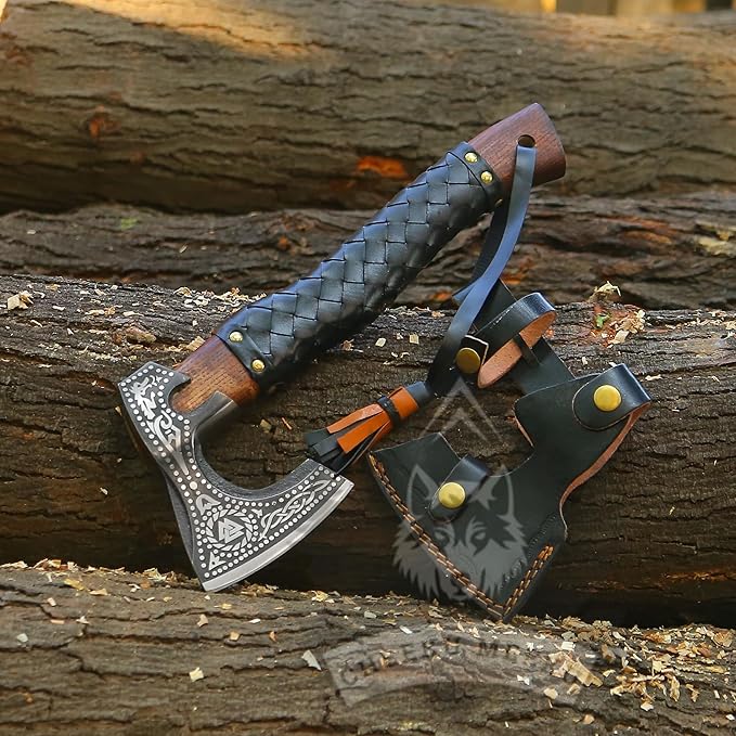 Custom Handmade Carbon Steel Real Viking Axe HatchetCamping Axe Birthday Gift for him Leather Wrapped Handle and Leather Sheath ((FM 19))