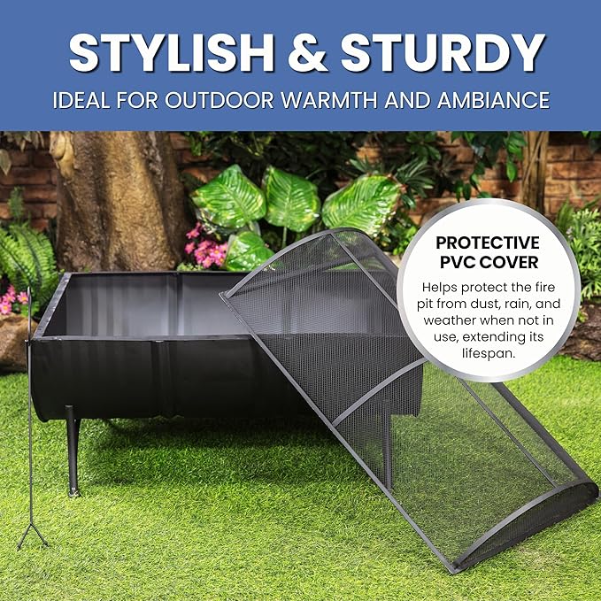 35-Inch Oval Barrel Wood Fire Pit – Steel Patio Backyard Heater with Safety Spark Screen Easy to Clean Elevated Log Grate and PVC Cover Black