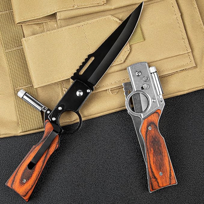 2 Pcs Pocket Knife Ak47 Folding Knife Stainless Steel Blade Lightweight Wooden Handle Gifts for Men