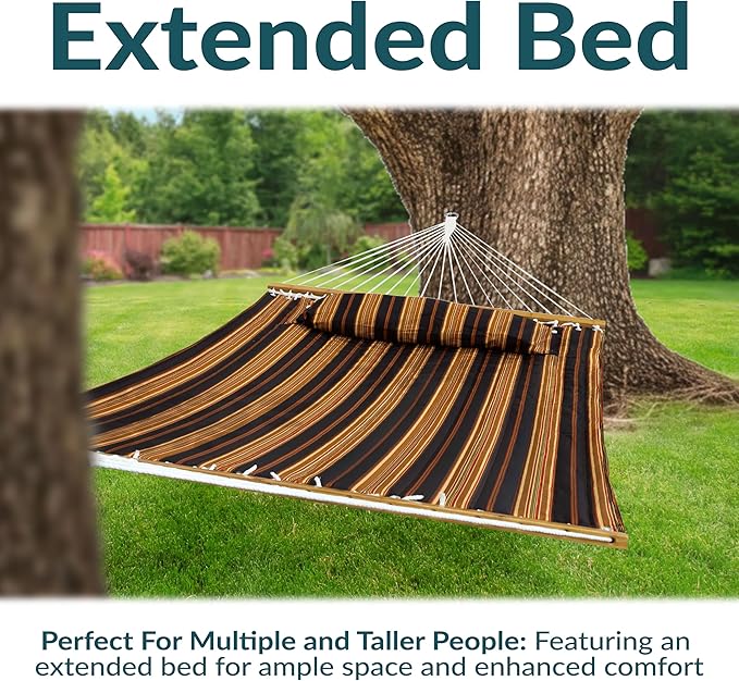 Sunnydaze Extra Large Quilted Hammock with Spreader Bars - 2-Person Hammock for Outside - Woodland Stripe