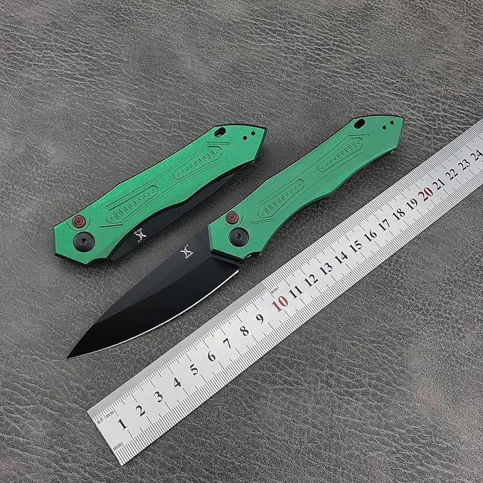 EDC Folding Pocket Knife For Men Button Lock Knife 3.35in 9Cr18MoV Steel Blade Green Aluminum Handle with Pocket Clip Sharp Camping Hiking Knives (green)