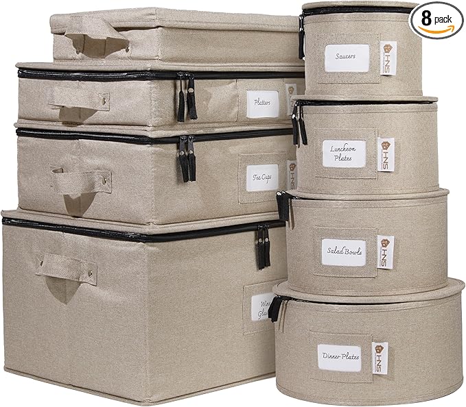 China Storage Hard Shell Containers 8-Piece Set Moving Boxes for Dinnerware Glasses Plates Mugs and Saucers Sturdy Dish Organizer with Dividers for Seasonal Storage - Service for 12 - Brown