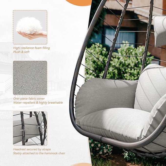 ALAULM Foldable Egg Chair with Stand 485LBS Capacity Wicker Rattan Hammock Swing Chair for Outdoor &amp Indoor Hanging Chair with Strong Frame &amp UV Resistant Cushion for Balcony Bedroom Cream