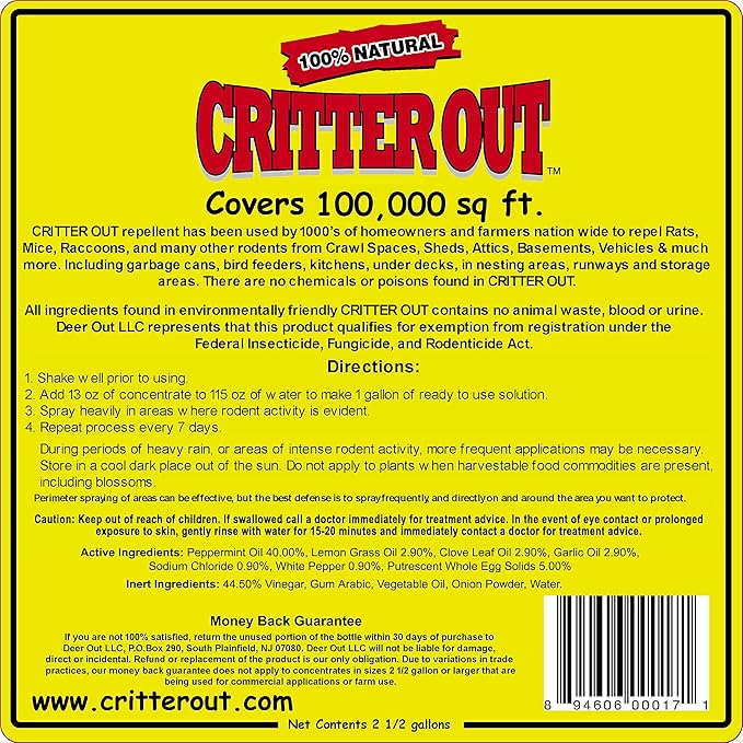 Mouse &amp Rat Repellent: Peppermint Oil Rodent Repellent Get Rid of Rats Mice &amp Rodents in Your Home &amp Outside Protect Engine Wiring Prevent Nesting Stops Chewing. Critter Out 2.5 Gal C