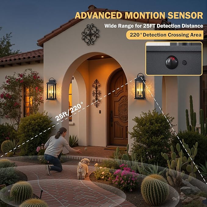 20 Inch Large Motion Sensor Outdoor Lights Matte Black Dusk to Dawn Outdoor Wall Lights with Water Glass 3 Lighting Modes Porch Lights Outdoor Light Fixture Waterproof Outdoor Lights for House
