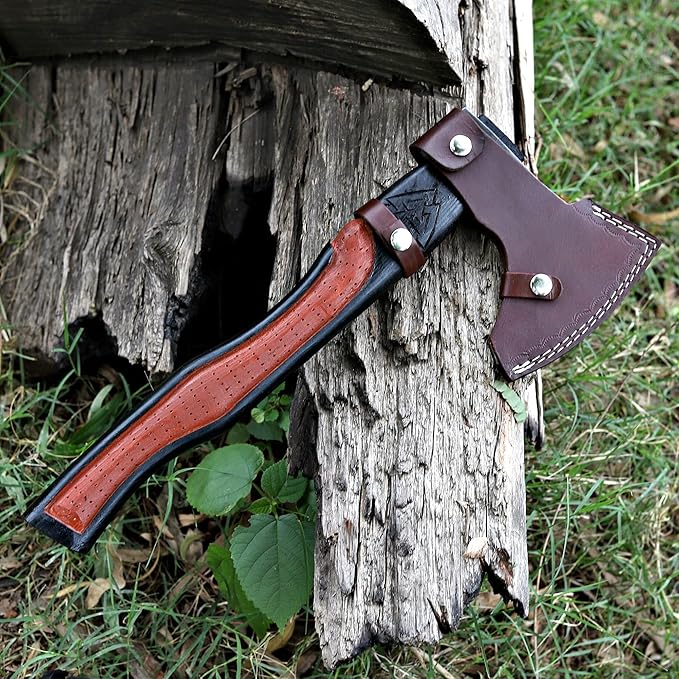 Viking Axe | 17 Carbon Steel Throwing Hatchet with Ash Wood Handle &amp Leather Sheath | Etched Norse Design Functional &amp Collectible Gift (WCA-01)