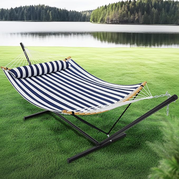 SUPERJARE Curved-Bar Hammock with Stand 2 Person Heavy Duty Hammock Frame Detachable Pillow &amp Portable Carrying Bag Perfect for Outdoor &amp Indoor Denim Blue with White Stripes