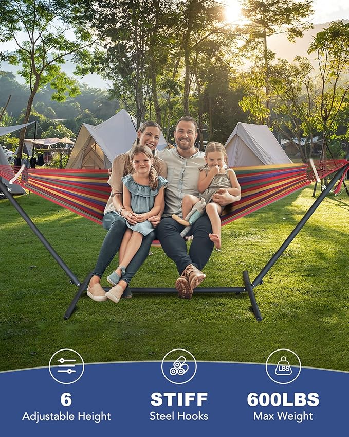 EveryFun Double Hammock with Heavy-Duty Steel StandPortableEasy Assembly600lbs Weight CapacitySuit for IndoorYardCampingor Outdoor-Wide Red