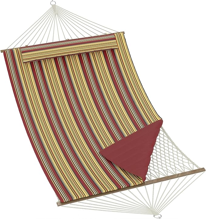 2 Person 12FT Hammocks for Outside Double Quilted Fabric Outdoor Hammock with Spreader Bar Large Removable Pillow Storage Pockets Carabiners Max 450 Lbs Capacity
