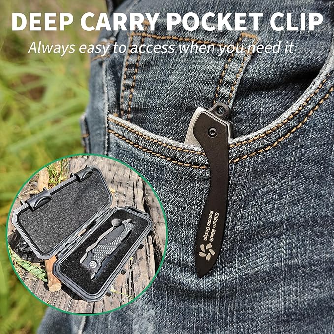 KATSU Japanese Folding Pocket Knife For Men Women Sakura Blade Nemoto Design 3.5 AUS-8 Steel Blade EDC Knife with Pocket Clip for Indoor &amp Outdoor Camping Fishing Hiking (Black)