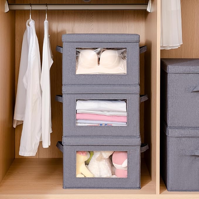 3-Pack Collapsible Storage Bins with Lids Linen Fabric Foldable Storage Boxes Cube Closet Organization for Clothes Blankets Books Gray