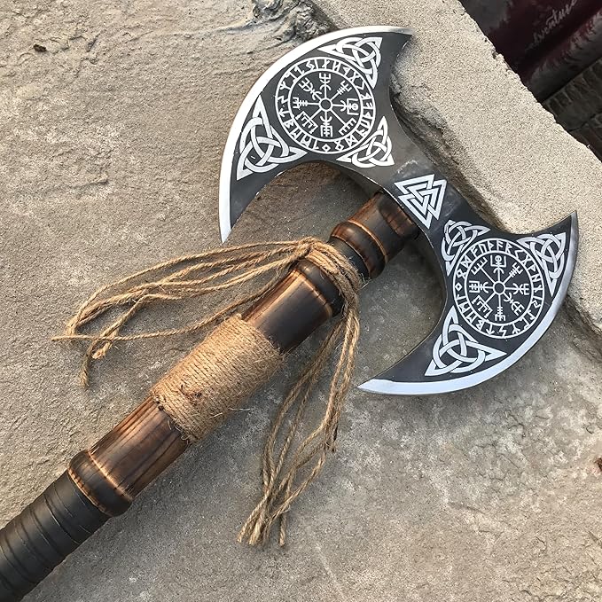 viking tools AxesFunctional Axe Bushcraft Axe Hatchet for Hunting Bearded Axe Double Head Axe Tool with Free Leather Sheath dd007 Black/Sliver (Viking Double Bit Axe)