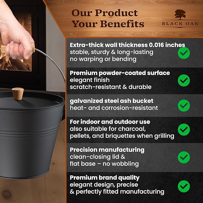 BLACK OAK Ash Bucket Pago 1.5 GAL - Black with lid with Wooden Handle + Brush + Shovel &amp Gloves - 5L Large Steel Fireproof Galvanized &amp Powder-Coated Bucket for ash Coal pellets Modern Desi