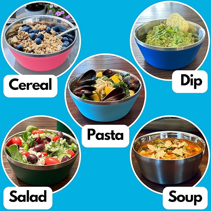 Stainless Steel Insulated Bowls for Kids and Adults - 20 Oz Double Wall Metal Bowls for Ice Cream Soup Cereal Snack Rice Dish Camping Bowl (Stainless Steel)