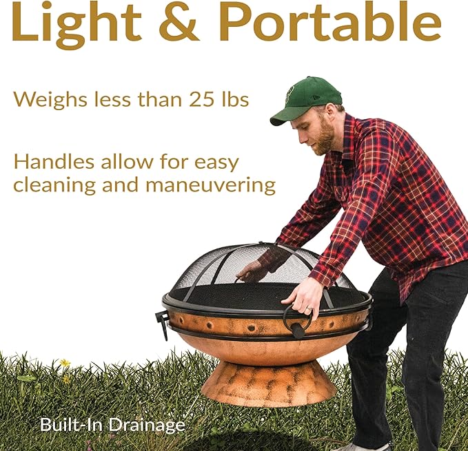 Sunnydaze 30-Inch Large Outdoor Fire Pit - Wood Burning Fire Pit for Outside with Poker and Screen - Copper Finish - Royal Cauldron