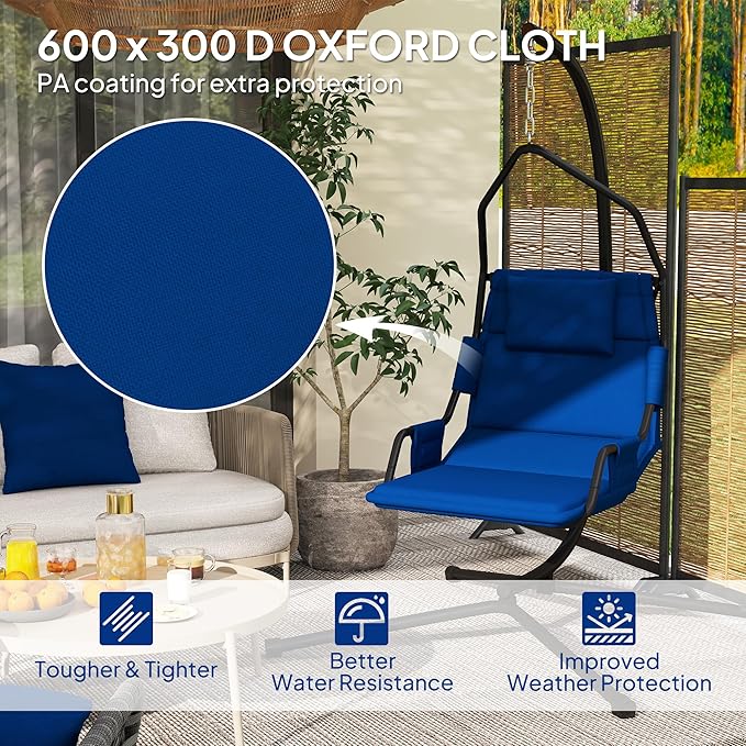 Outsunny Hammock Chair with Stand Hammock Swing with PA Coating Oxford Fabric Cushion Indoor Outdoor Hanging Chair with Chain Steel Frame for Bedroom Patio Balcony Dark Blue